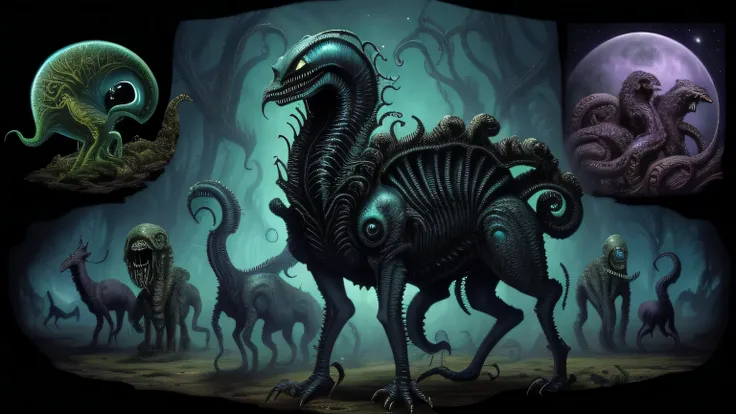 arafed collage of various images of animals and other things, alien creatures scattered around, cryptids, lovecraftian background, scientific depiction, lovecraftian atmosphere, alien creatures, alien fauna, lovecraftian inspiration, alien species, of alie...