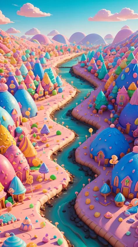 candyland,C4ndyl4ndAI,A colorful candy town with an ice cream river, candy house, candy bridge, and various candy buildings,full background,C4ndyl4ndAI,FFIXBG,Aerial View,HD presentation, full of details,Chromaspots,High detailed，full background