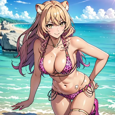 attractive 30 year old woman with bear ears. piel bronceada, amber yellow eyes and blonde hair with pink tips, pechos grandes gotas de agua sus pechos. sonrisa mostrando los dientes, rubor... pink bikini leopard design, botas rosadas, esta de pie frente al...