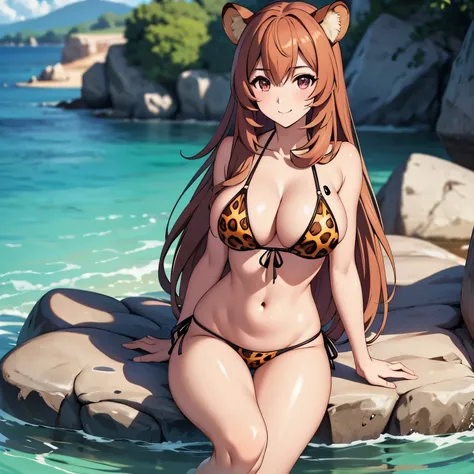 Raphtalia attractive woman 25 years old with bear ears. clara, red like rubies. y cabello naranjo con puntas rosadas, pechos grandes gotas de agua sus pechos. sonrisa mostrando los dientes, rubor... pink bikini leopard design, botas rosadas, esta de pie fr...