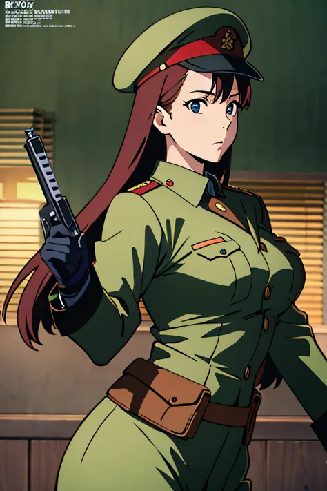 Expiration date is a few days (masterpiece, highest quality:1.2), Amazing beauty of military uniforms and berets, She has a slender and curvaceous body, Carrying a Japan sword on your back、Battle scene with a machine gun in hand、action scene、Japanese Milit...