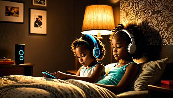 Highres, masterpiece, room, earphone, music, handphone, 1 african american girl, dark room, beautiful girl, cute, 6 yo, night lamp