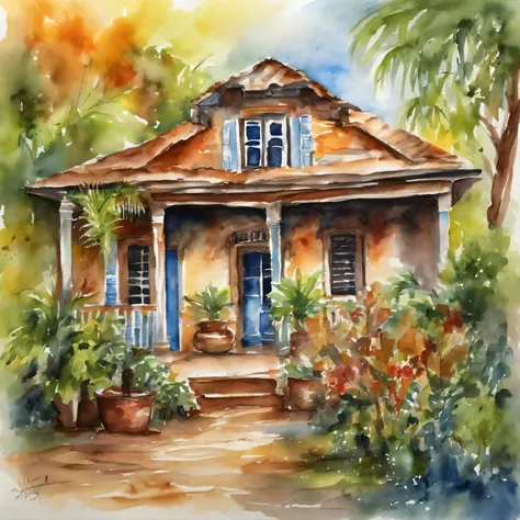 BEAUTIFUL multicolore COLONIAL HOUSE IN WOOD AND RUSTY SHEET HIDDEN IN AN EXUBERANT TROPICAL NATURE, couleur chaudes, multicolore