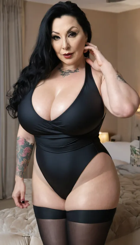 Black Leotard Swimsuit, Mistress 40+,40 year old female, bbw, very big breasts, Wrinkle, selfie pose, not instagram, She is looking at the camera with long dark hair and dark black makeup。.、I have a tattoo。., detailed pictures, realistic lighting, fine rea...