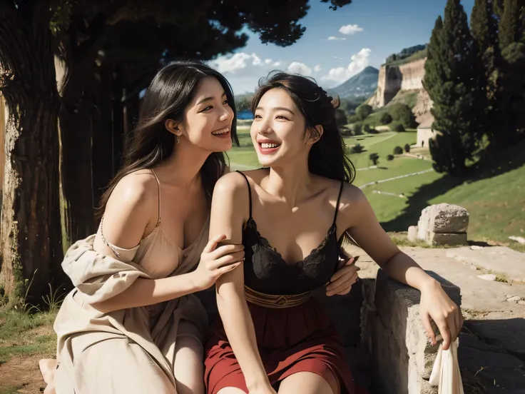 Ancient Roman landscape in the style of Nicolas Poussin,laughter,,Sweet and seductive appearance.、Caravaggios paintings、Chiaroscuro of Caravaggio、hair tousled by the wind,Two women frolicking,cute smile, expression of ecstasy,Sexy,erotic