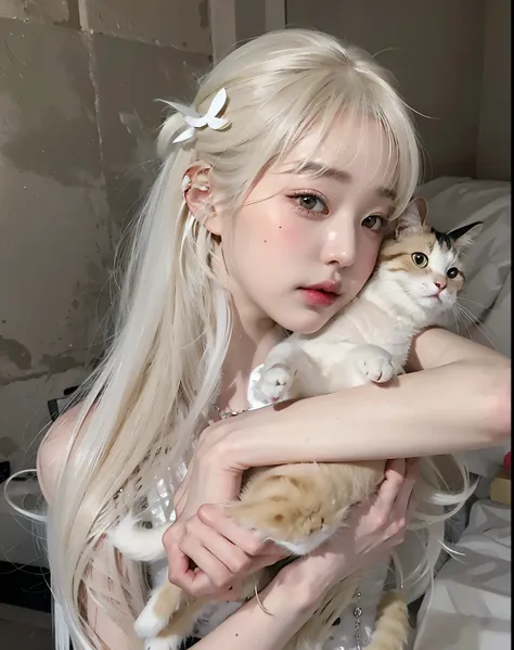 blonde holding a cat in her arms, longos cabelos brancos e franja, com cabelos longos brancos, com longos cabelos brancos,  do g...