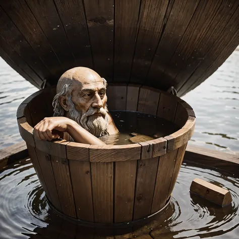 make me a picture of Archimedes as a  dipping a stone into a wooden bucket from his time while water spills over the edges.