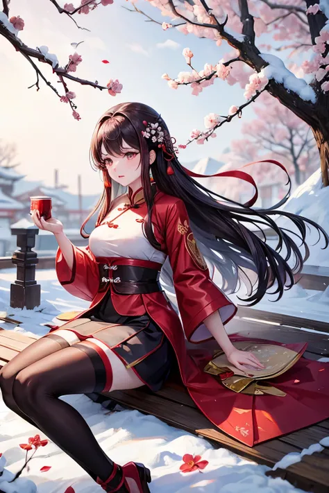 red plum blossom，下雪的red plum blossom林，Chinese style cold and beautiful woman，cotton padded jacket，The temperament of plum blossoms
