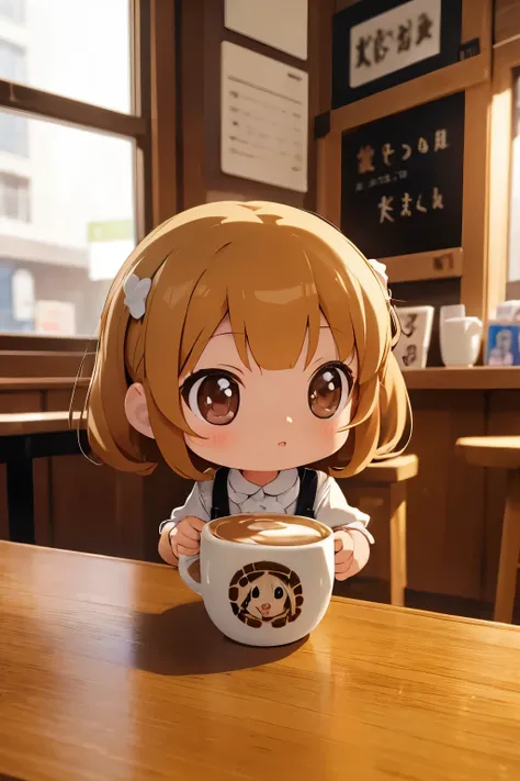 Photoreal、Chibi girl is surprised to see artistic painting of cafe latte art