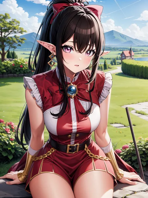 (masterpiece), (best quality), (perfect anatomy), Fair skin, Elf girl, pink eyes, black hair in a hime hairstyle, ponytail, pink bow, gold earrings, fantasy scenery