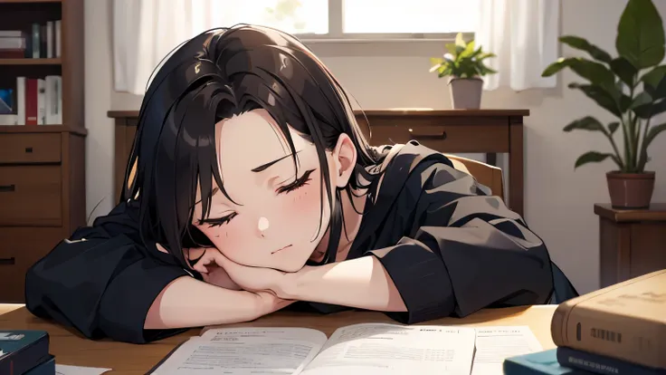 on the desk, depressed, 18 years old, female, sleeping, room, anime style, eyes closed