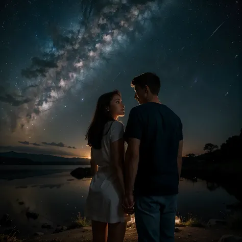 Couple looking at the milky way holding hands