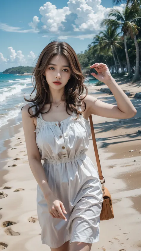 1 woman 40 years old、bright brown hair、curl hair、the wind is blowing strongly、sandy beach with strong sunlight、thin fabric dress...