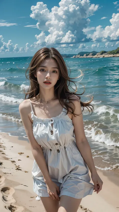 1 woman 40 years old、((bright brown hair))、curl hair、the wind is blowing strongly、sandy beach with strong sunlight、thin fabric d...