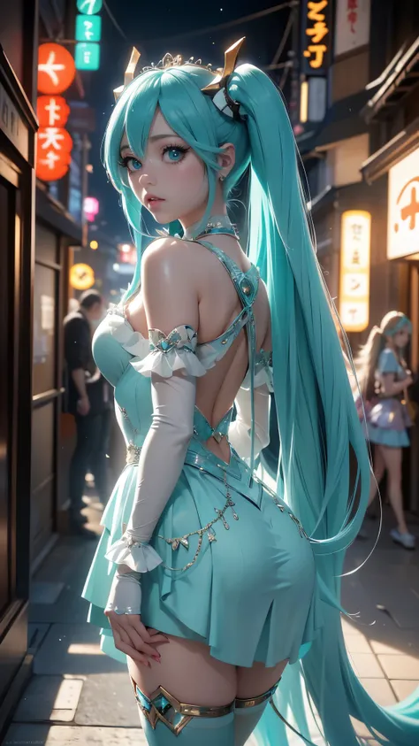 (rear view, backside view),(La mejor calidad,A high resolution,Ultra - detallado,actual),Ariana Grande, chica anime cosplay, anime cosplay, (Hatsune MikuCosplay:1.4) , foto de cosplay, dos colas blancas_guantes, cosplay, lindo anime waifu con un bonito ves...