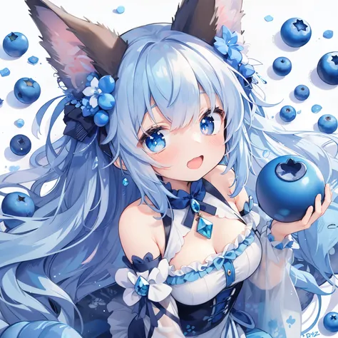 pastel watercolor anime、[anime girl with long blue hair and wild boar ears holding a big blueberry,fullbody,squatting, girl、jewel eyes、beautiful arrangements and motifs、written boundary depth、flat avatar, 1girl, smile, light blue hair((Wild boar ears wavy ...