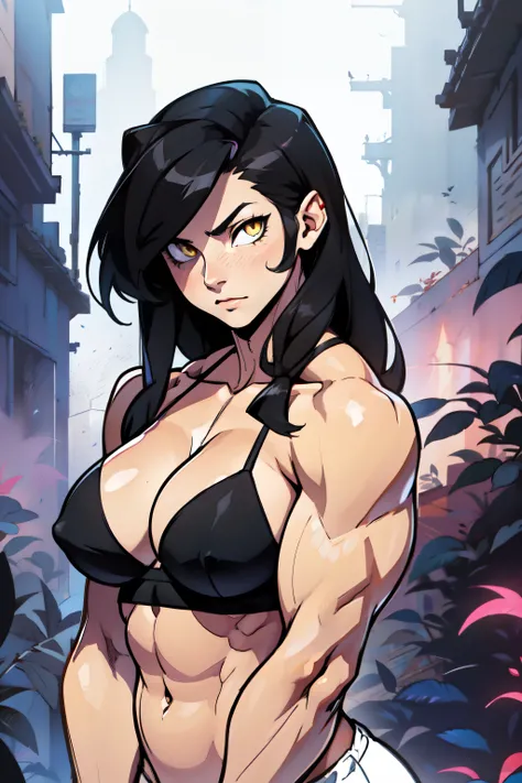 girl muscles large breasts black hair yellow eyes