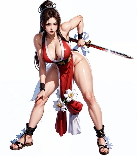 replace the people in the picture，close-up of a woman wearing red clothes holding a sword, mai shiranui, yoko matsugane as mai s...