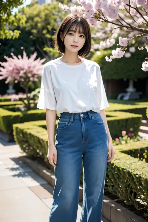 (((garden:1.3, spring, Photographed from diagonally in front))), ((medium bob:1.3, denim pants, black knit, japanese woman, cute)), (clean, natural makeup), (highest quality, masterpiece:1.3, 超High resolution), (Super detailed, caustics), (realistic:1.4, R...