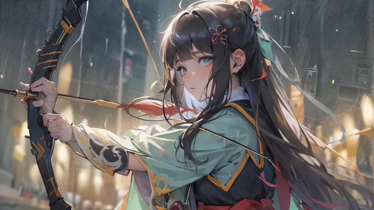 perfect anatomy, masterpiece:1.2, best quality, 8k, beautiful detailed grow, daydreaming expression, from-side (((Shooting:1.3 an Arrow of light))) (hand holding long-bow gripping long-bow in hand), break, a ((blunt bangs)) (black hair long hair divine bea...