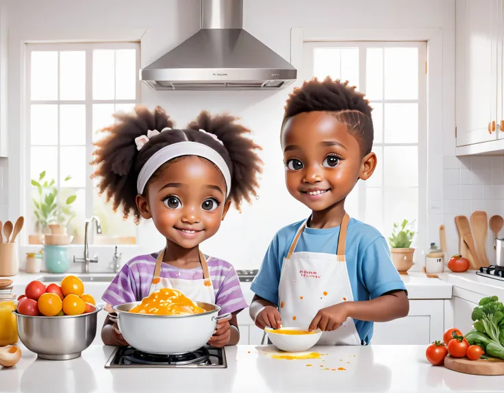 top-quality、tmasterpiece、Soft focus , Bright gradient watercolor , Dreamy , White background、one Girl and one boy、home, kitchen, african american, 6 yo, cooking
