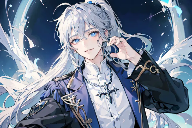 A male teenage is depicted in anime style, blue eyes, silver long hair, lower ponytail, smiling bashful and blissfully, shy, virtuous, cute, blissful and gentle expression, graceful gesture, wearing white gothic formal style costume, shinny white holy chur...