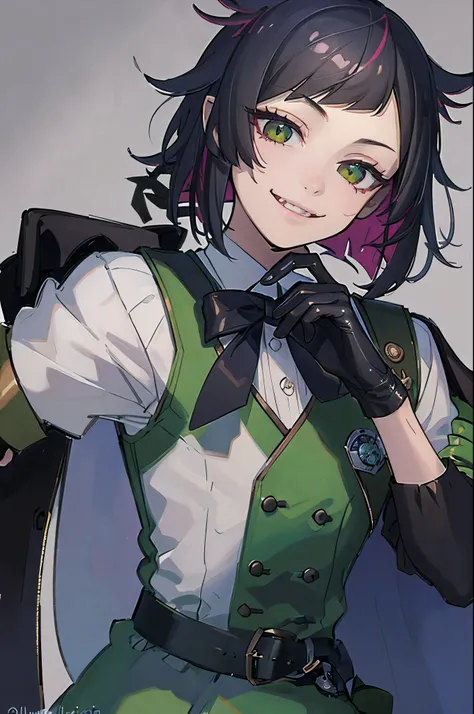 ((best quality)), ((masterpiece)), (detailed), perfect face, selfie, 1 boy, close up, head tilted to the right, hand on chin, smile, fangs, black gloves, green vest and ribbon, lilia vanrouge, twisted wonderland