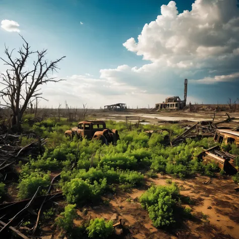 A post-apocalyptic wasteland where nature has reclaimed the land, creating a beautiful but haunting landscape.