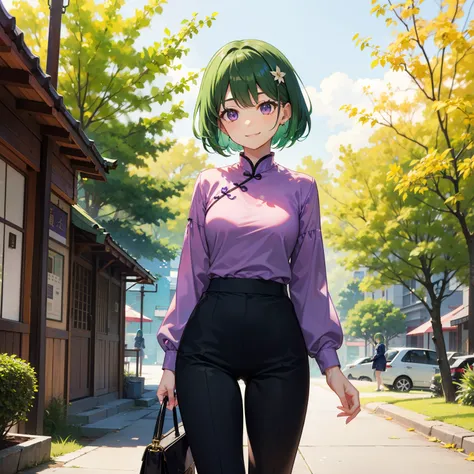 green hair、purple eyes、short hair、smile、fine、cheongsam clothes、1 girl、cheongsam trousers、outdoors、sunny、Hatsuratsu