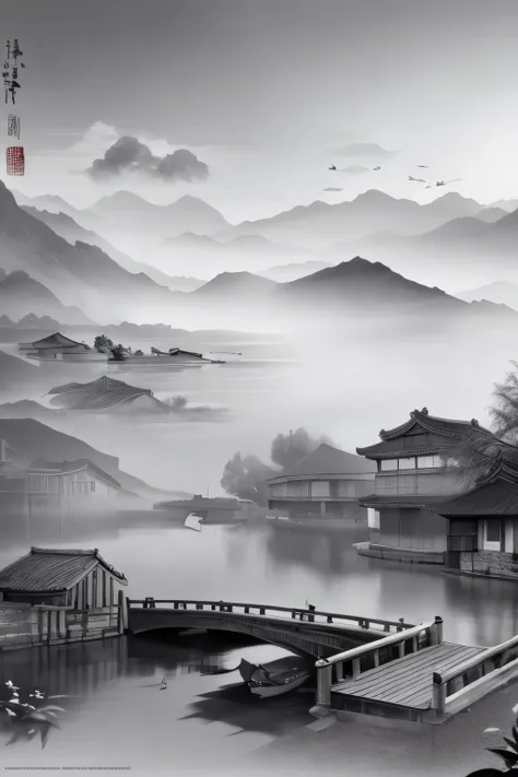 (hrd, hud, 8k),,(masterpiece, best quality), highly detailed,,greyscale, bamboo, boat, bridge, building, chinese text, cloud, la...