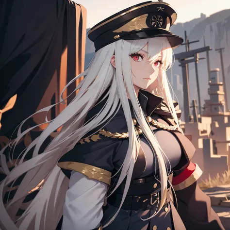 a girl wearing a black military uniform with gold details, wearing a black military hat with an iron cross, long white hair, red...