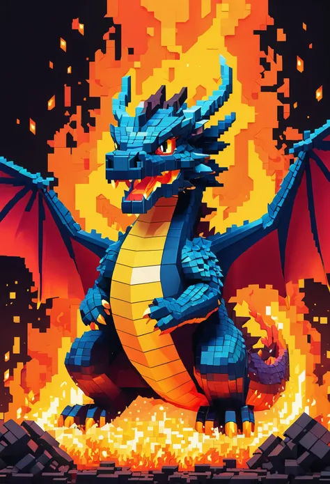 A pixel art dragon (blocky) breathes fire, a video game title in the flames