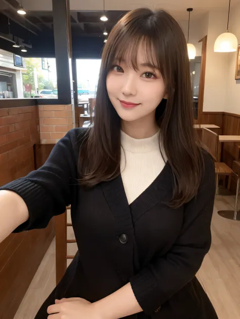 cafe background、knee high boots:1.2、full body image:1.4、Before going out、smile、that&#39;that&#39;It&#39;s cold outside、selfie、live action、22 years ago、The whole body is reflected:1.2、debris flies, highest quality, shape, Super detailed, finely, High resolu...