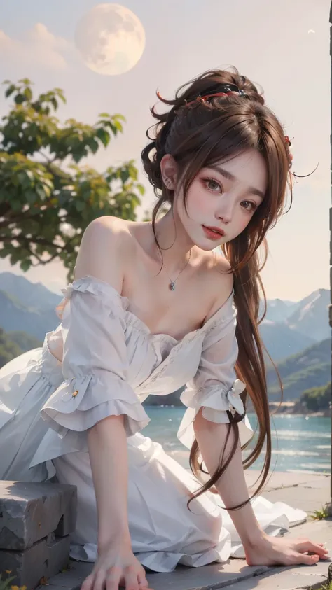 （Modify hair only、Face）Light blue transparent dress，Reddish-brown hair，curls，ponytail，Nice bun，Perfect hairstyle，red headdress，red eyes，red eye，red pupils，Delicate and detailed eyes，Charming eyes，clear eyes，Red eyes，巨大的Mountain雀，Smiling very happily，white ...