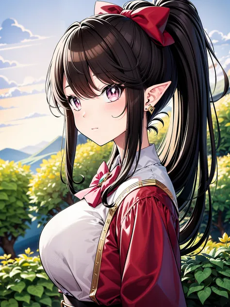 (masterpiece), (best quality), (perfect anatomy), Fair skin, Elf girl, pink eyes, black hair in a hime hairstyle, ponytail, pink bow, gold earrings, fantasy scenery