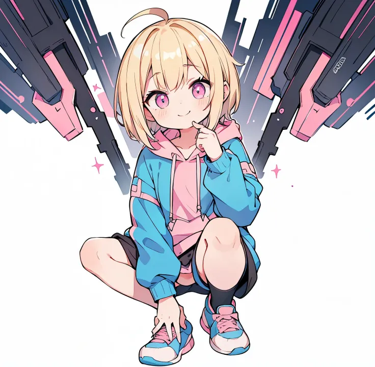 (blonde girl with short cut),(((black, pink and blue hoodie))),pink eyes,open your mouth, A sluggish smile, Full body Esbian,(((Little))),(solo),(Highest image quality, In 8K, masterpiece, super detail),