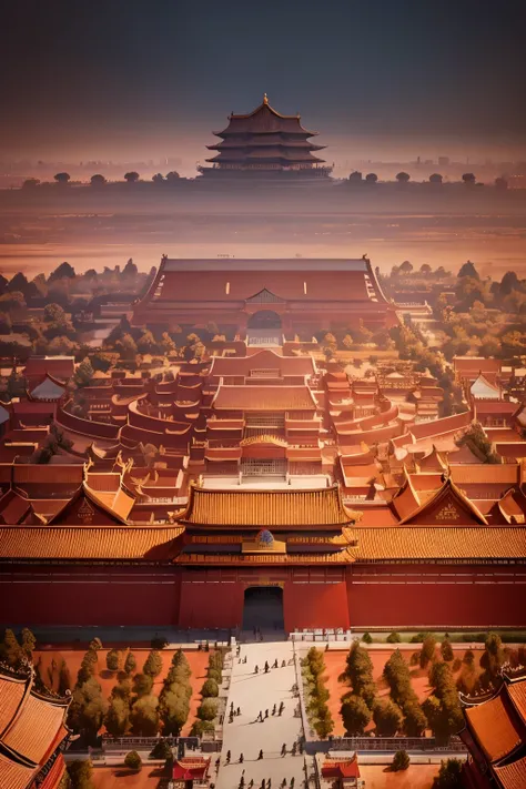 Traditional drawing of the Forbidden City in red tones, with a central perspective and focus on the Gate of Heavenly Peace. Highlight the golden details and symbolic elements of imperial architecture. Create an image that conveys reverence for Chinese hist...