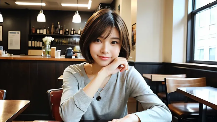 (最high quality、8k、32K、masterpiece:1.2)、A photo of a female college student who looks like a cute model、normal breasts、short bob hair、Upper body、face focus、extra large_sweater、necklace、look at the audience、background a trendy coffee shop with a unique aesth...