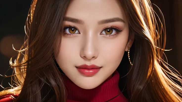 (highest quality、table top、8k、best image quality、Award-winning work)、(1 pretty girl:1.1)、(Perfect turtleneck red long knit sweater:1.2)、(red eyeshadow:1.2)、perfect makeup、long eyelashes、Super high-definition sparkling eyes、ultra high definition hair、ultra ...