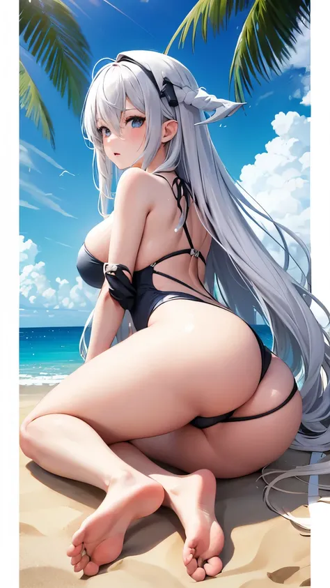 1girl, solo, long hair, breasts, looking at viewer, bangs, blue eyes, large breasts, hair between eyes, bare shoulders, very long hair, swimsuit, full body, ass, white hair, thighs, outdoors, lying, sky, barefoot, day, looking back, cloud, from behind, fee...