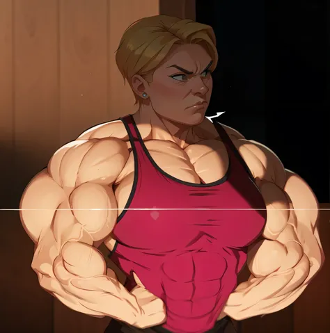 muscle woman with short blond hair, woman with huge muscles, mature woman, stern expression, green eyes, fists on hips