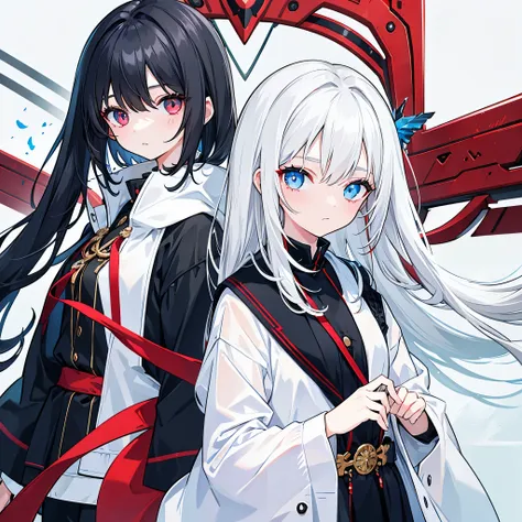 Two girls. a black hair and red eye girl, a white hair and blue eye girl, opposite