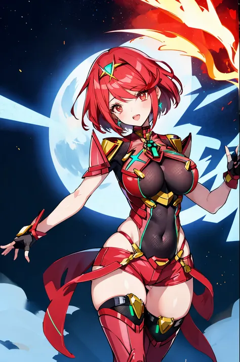 pyra (xenoblade), teen_1girl, armor, bangs, black gloves, breasts, red eyes, closed mouth, earrings, eyelashes, fingerless gloves, floating hair, framed breasts, gem, gloves, hair ornament, headpiece, jewelry, big_breasts, leaning back, leotard, neon trim,...