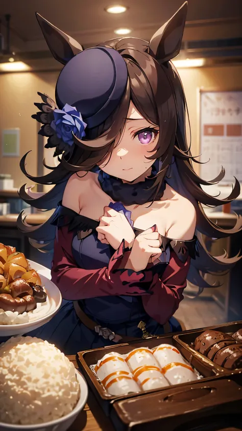 (rice shower (umamusume)),(masterpiece),shape,brown black hair,long hair,purple eyes,flowing bangs,long bangs,long hair, small breasts,hair covers right eye, School uniform, smile, close your mouth, classroom, Upper body, looking at the viewer, School, arm...