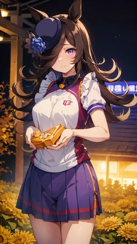 (rice shower (umamusume)),(masterpiece),shape,brown black hair,long hair,purple eyes,flowing bangs,long bangs,long hair, small breasts,hair covers right eye, School uniform, smile, close your mouth, classroom, Upper body, looking at the viewer, School, arm...