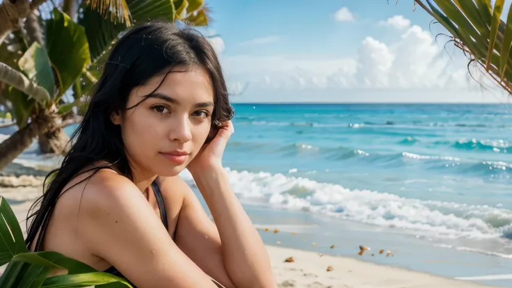 beautiful girl with black hair on the beach,illustration,ocean waves,sandy shore,palm trees,warm sunlight,crystal clear water,tropical paradise,lush greenery,(best quality,4k,8k,highres,masterpiece:1.2),ultra-detailed,realistic,professional,vivid colors,bo...