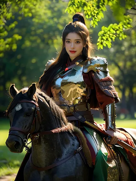 masterpiece，Best quality，HD quality，face close-up，A high resolution，8K，Ancient battlefield background, ((field：1.8))，(Female generals on the battlefield in the Han Dynasty)，(mounted on a horse)，18-year-old girl，（long ponytail hairstyle)，cparted lips，Full a...