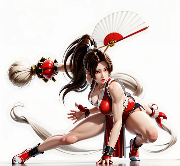 wearing red dress、Alafid woman holding fan, Mai Shiranui, yoko matsugane as Mai Shiranui, fighting game characters, King of Fightersrole in, Replace the people in the picture，Close-up of a woman in red dress holding a fan, Mai Shiranui, yoko matsugane as M...