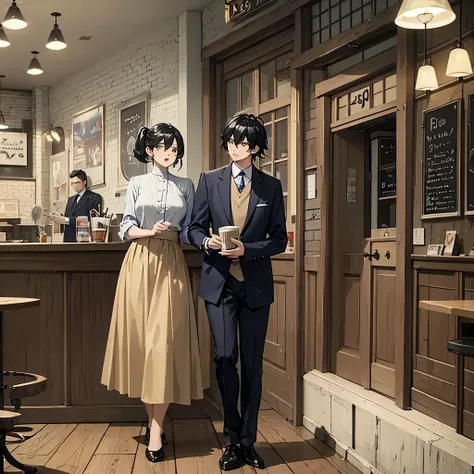 A man along with his wife wearing 1950s casual clothing, in a 1950s coffee shop, (environment with colors: F7CBD0, BADCCB,B4DDE3,FEEEB4.)
