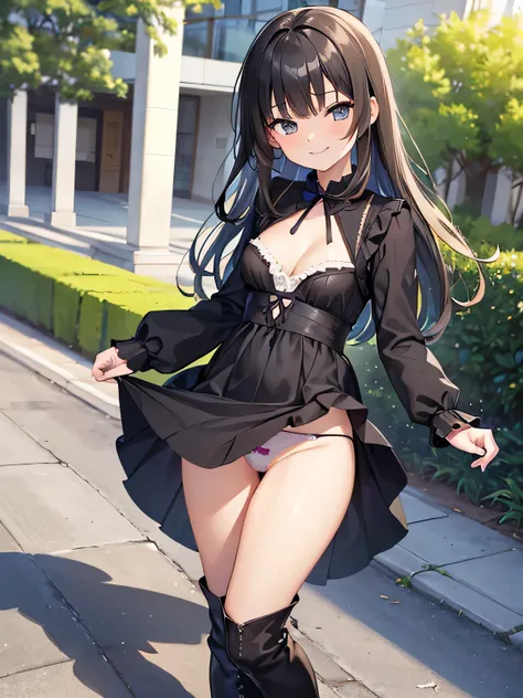 (show me your pants:2.0), (masterpiece、highest quality、High resolution、realistic pictures、real looking skin:1.1),  (She is rolling up the hem of her dress by herself..:1.8), (Iのパンティー々I&#39;Iはそれを人に見せています:1.8), (Pants with a flashy pattern other than black: ...